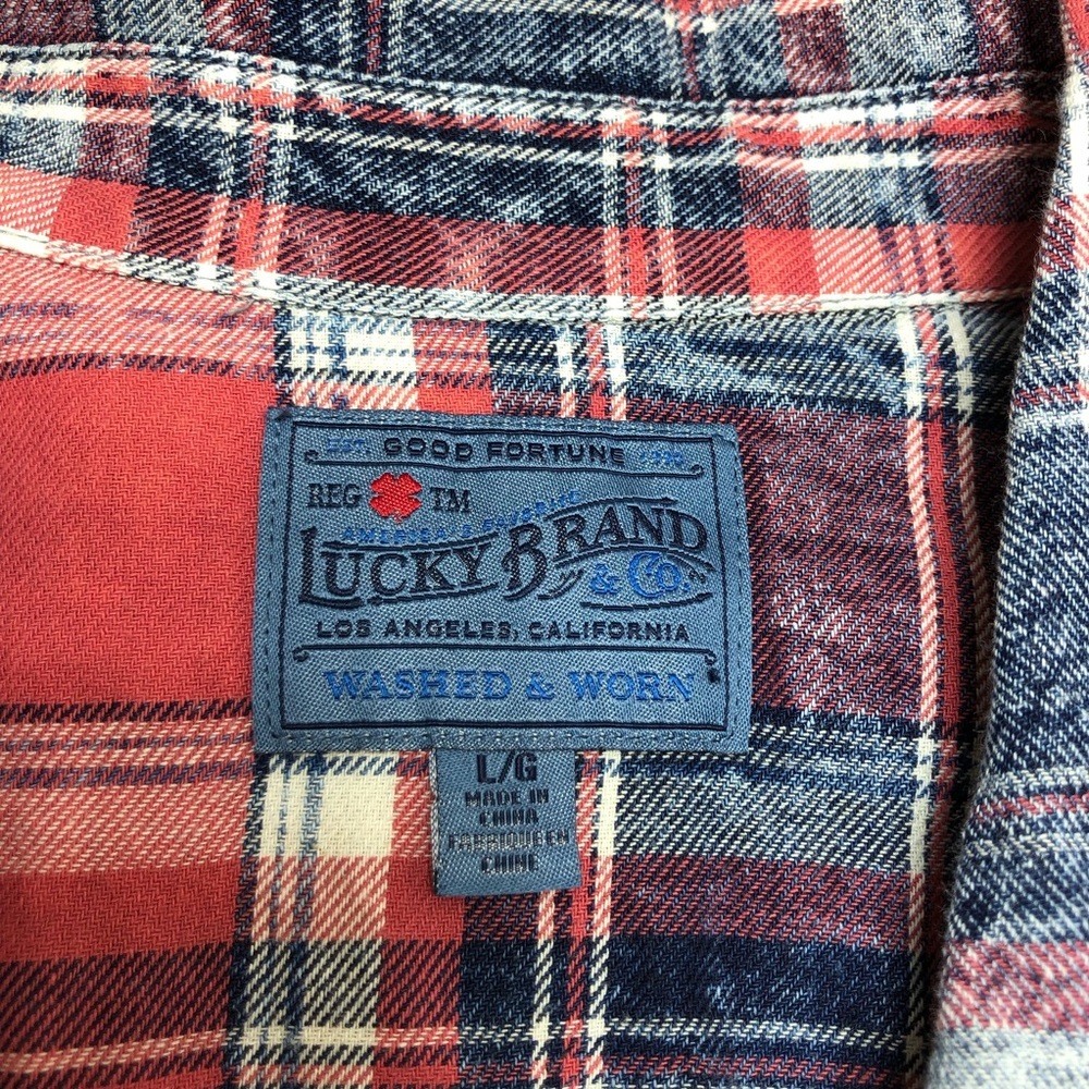 Lucky Brand Washed & Worn Cotton Red White Blue Pearl Snap Plaid Shirt  L - Picture 10 of 15